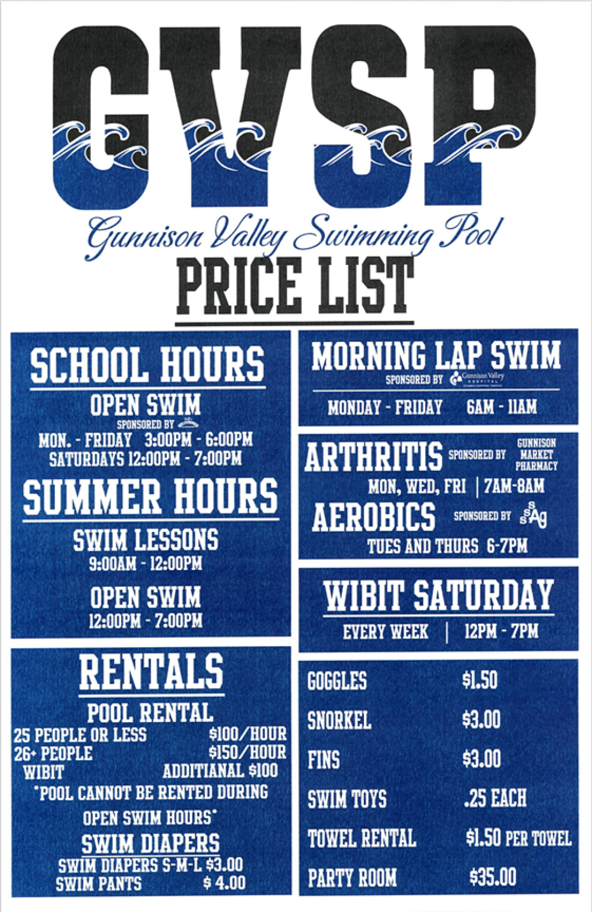 Swimming Pool hours and price list